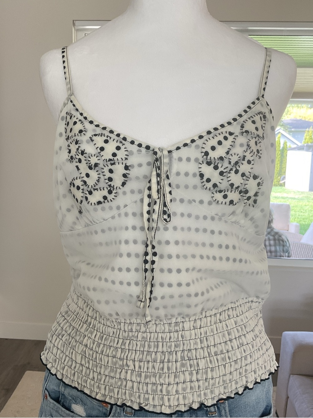 Free People  Boho Vintage Mesh crop tank top with Navy Polka Dots